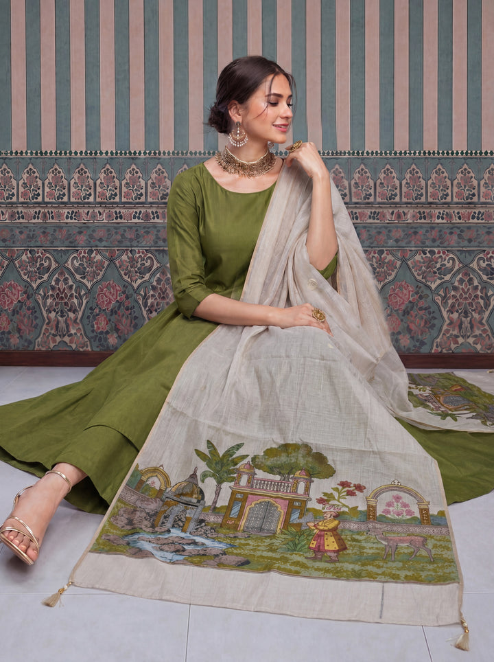 Green Mul Chanderi Anarkali Kurta Pant Dupatta Set