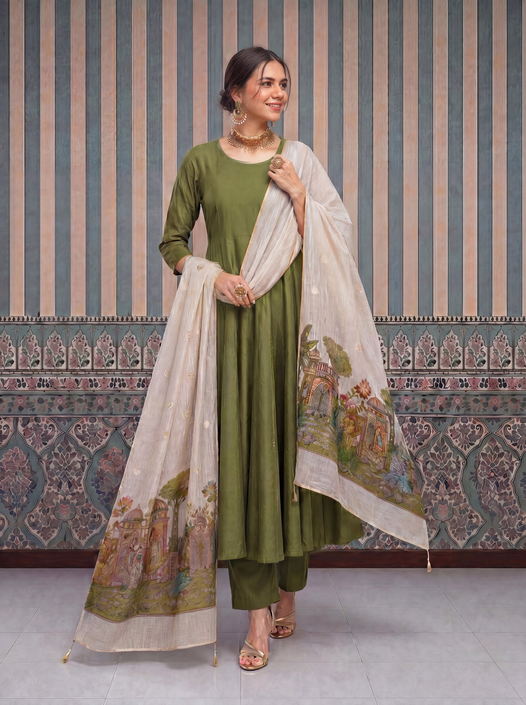 Green Mul Chanderi Anarkali Kurta Pant Dupatta Set