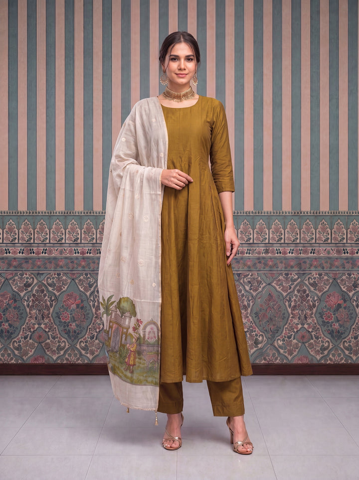 Dusty Mustard Mul Chanderi Anarkali Kurta Pant Dupatta Set