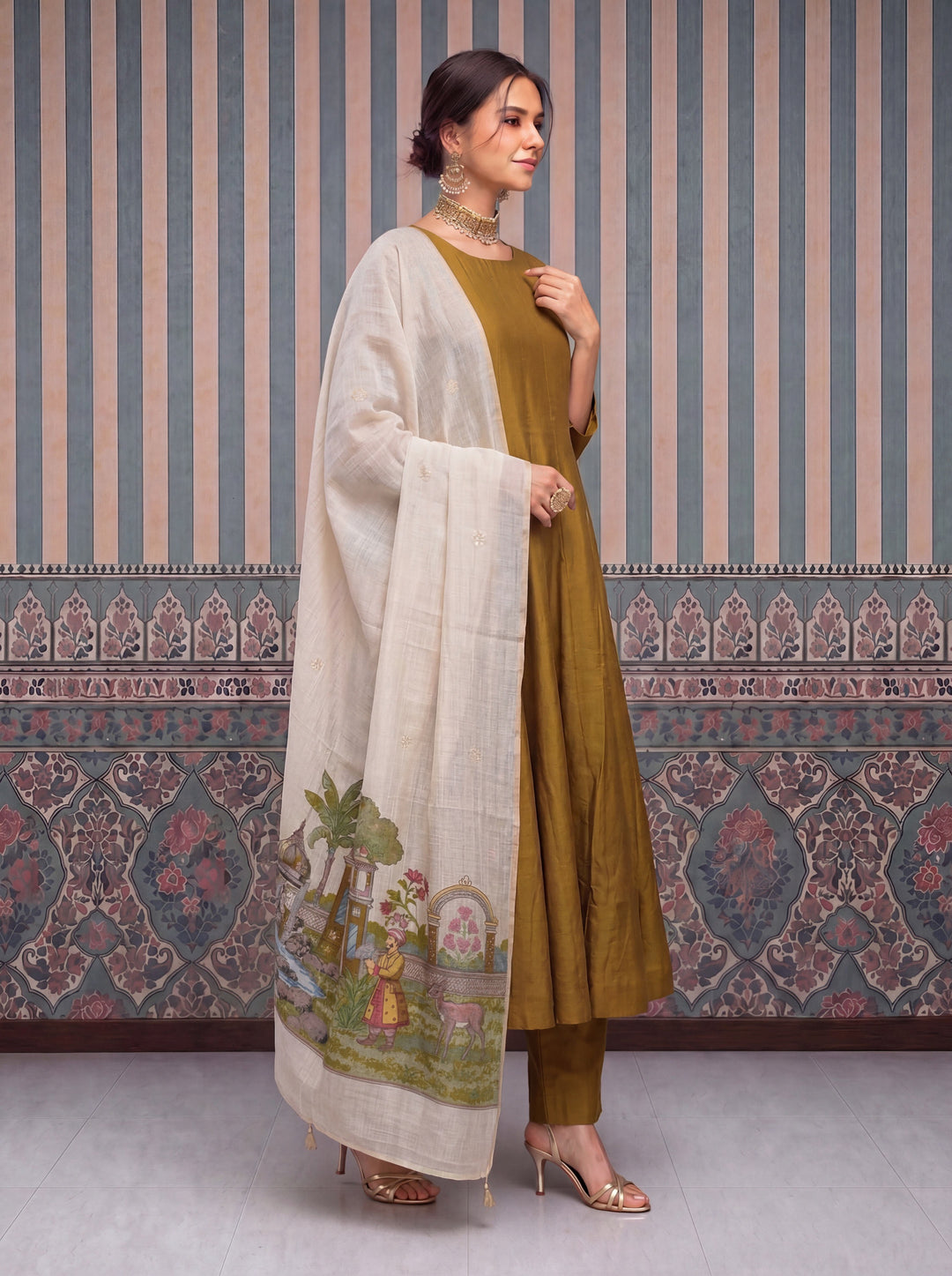 Dusty Mustard Mul Chanderi Anarkali Kurta Pant Dupatta Set