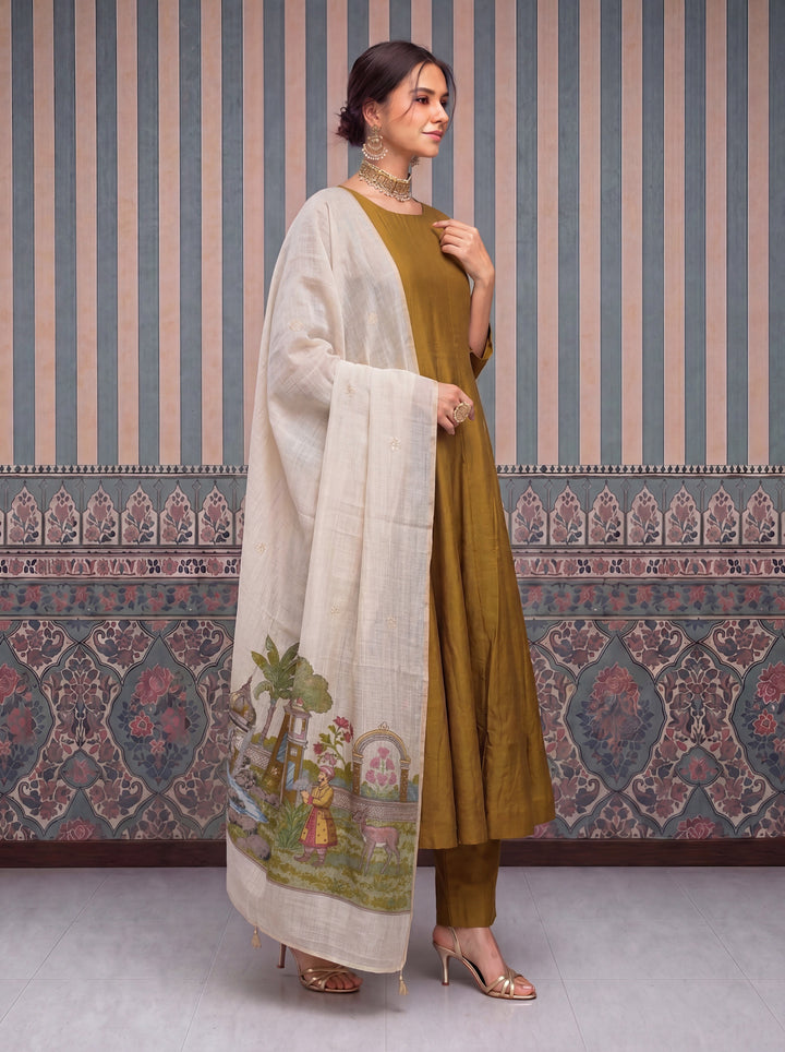 Dusty Mustard Mul Chanderi Anarkali Kurta Pant Dupatta Set