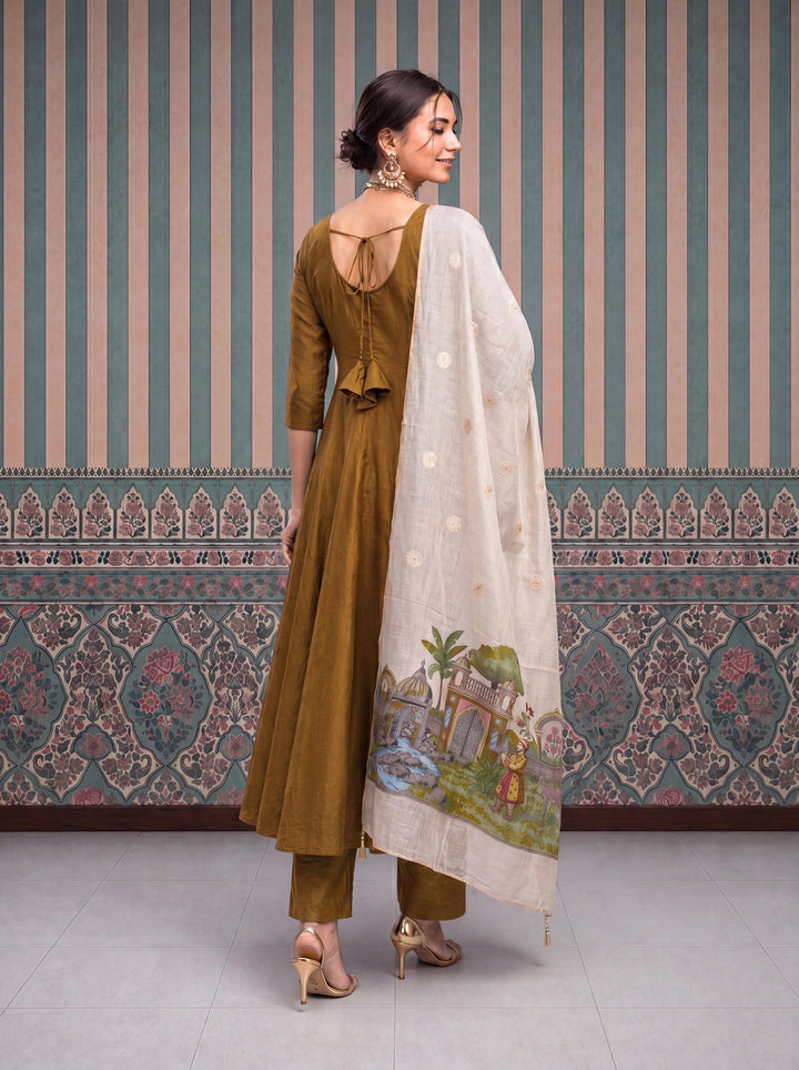 Dusty Mustard Mul Chanderi Anarkali Kurta Pant Dupatta Set