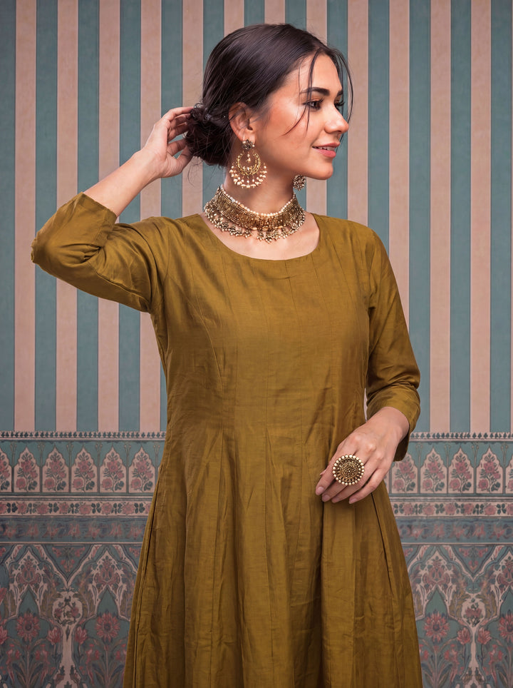 Dusty Mustard Mul Chanderi Anarkali Kurta Pant Dupatta Set