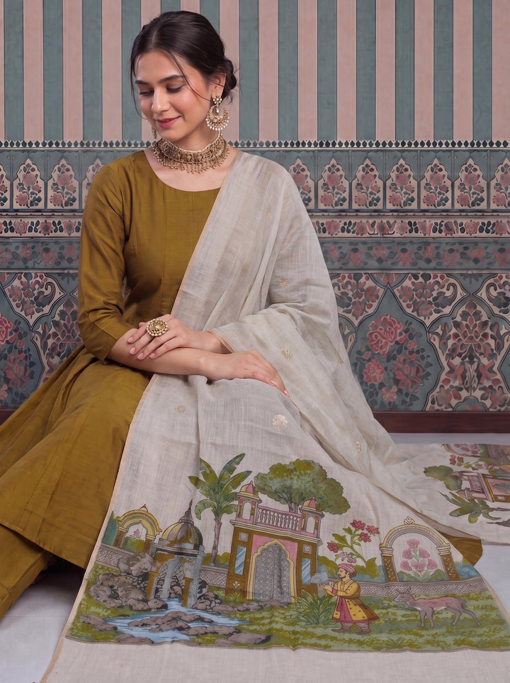 Dusty Mustard Mul Chanderi Anarkali Kurta Pant Dupatta Set