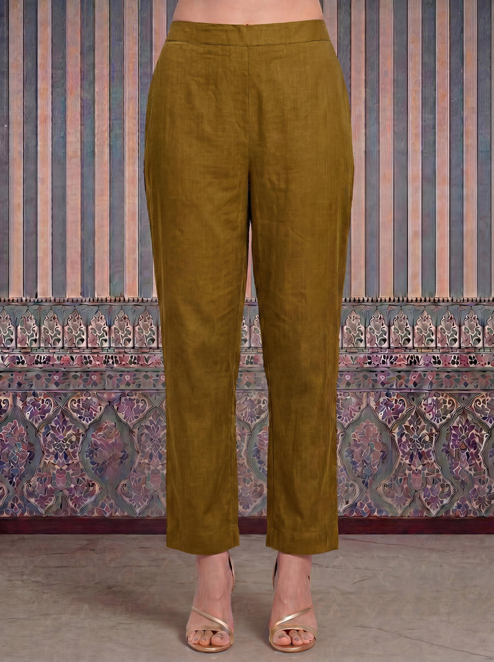 Dusty Mustard Mul Chanderi Anarkali Kurta Pant Dupatta Set