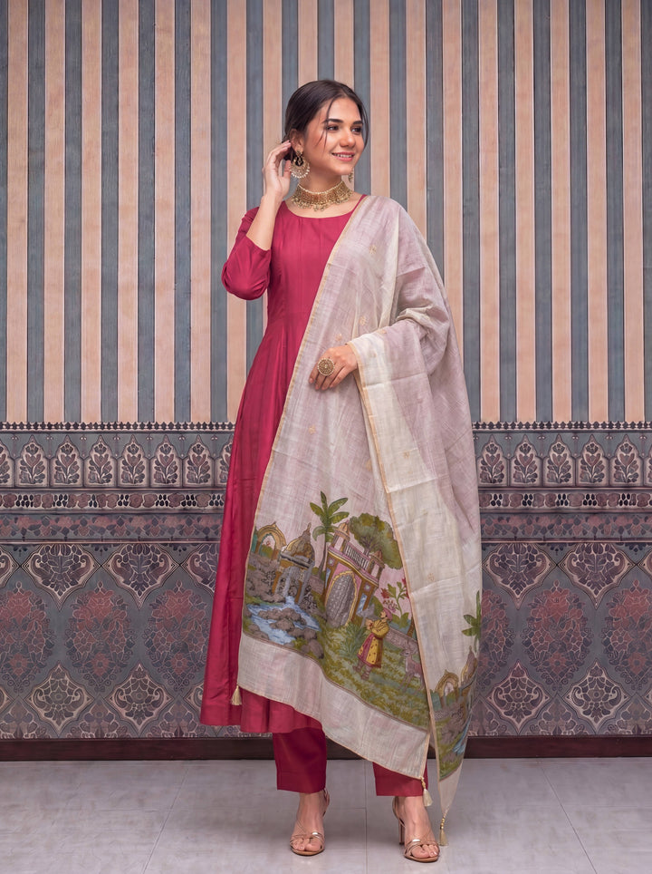 Cheery Red Mul Chanderi Anarkali Kurta Pant Dupatta Set