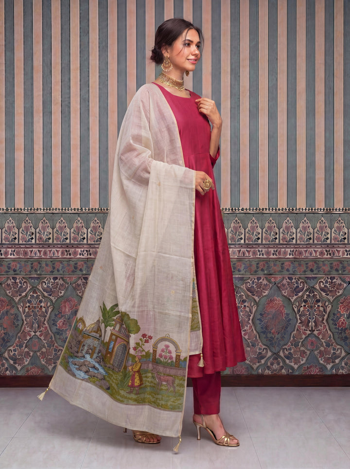 Cheery Red Mul Chanderi Anarkali Kurta Pant Dupatta Set
