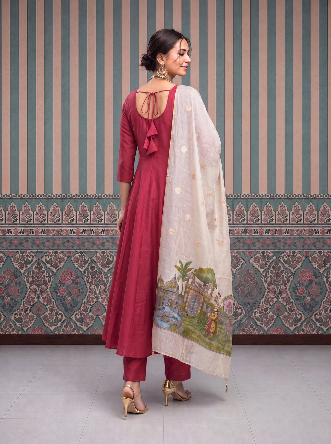 Cheery Red Mul Chanderi Anarkali Kurta Pant Dupatta Set