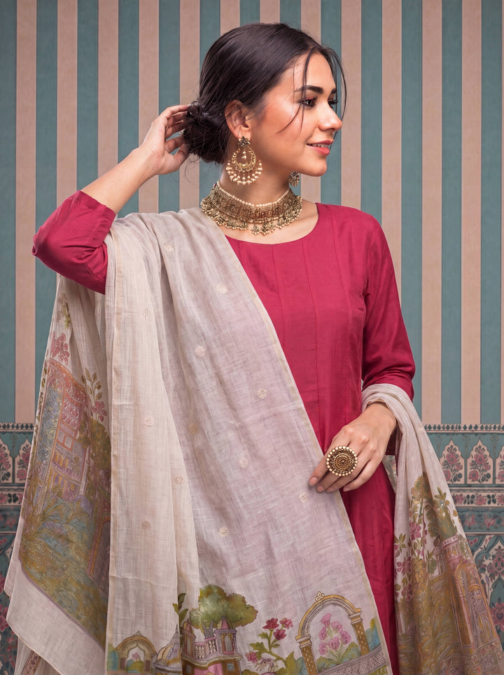 Cheery Red Mul Chanderi Anarkali Kurta Pant Dupatta Set