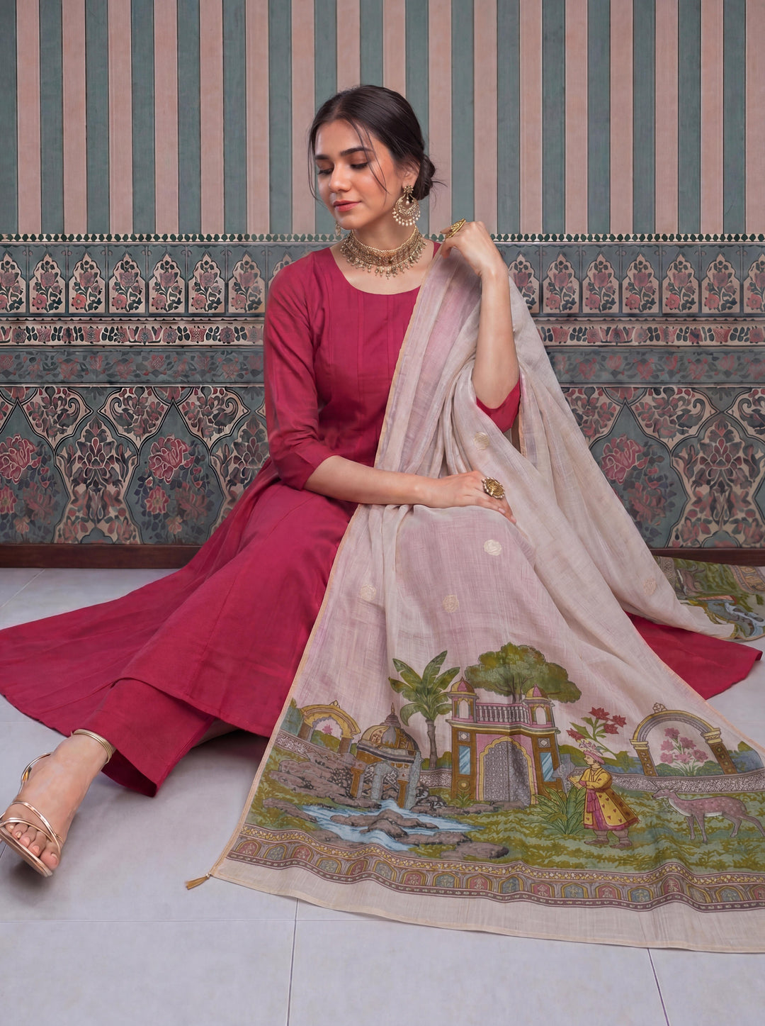 Cheery Red Mul Chanderi Anarkali Kurta Pant Dupatta Set