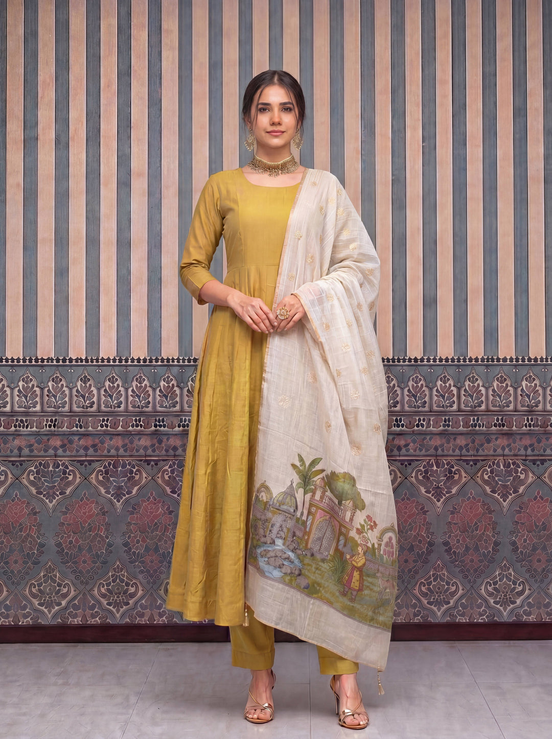 Yellow Mul Chanderi Anarkali Kurta Pant Dupatta Set