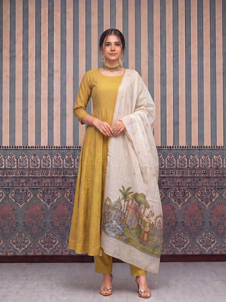 Yellow Mul Chanderi Anarkali Kurta Pant Dupatta Set