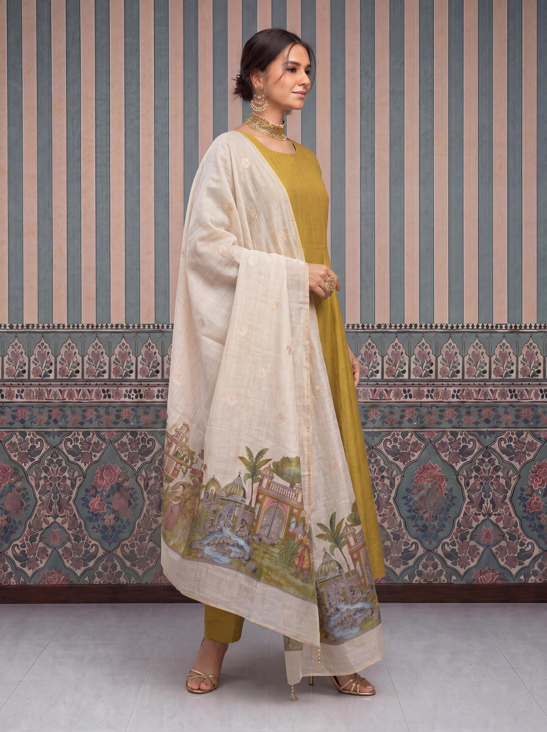 Yellow Mul Chanderi Anarkali Kurta Pant Dupatta Set