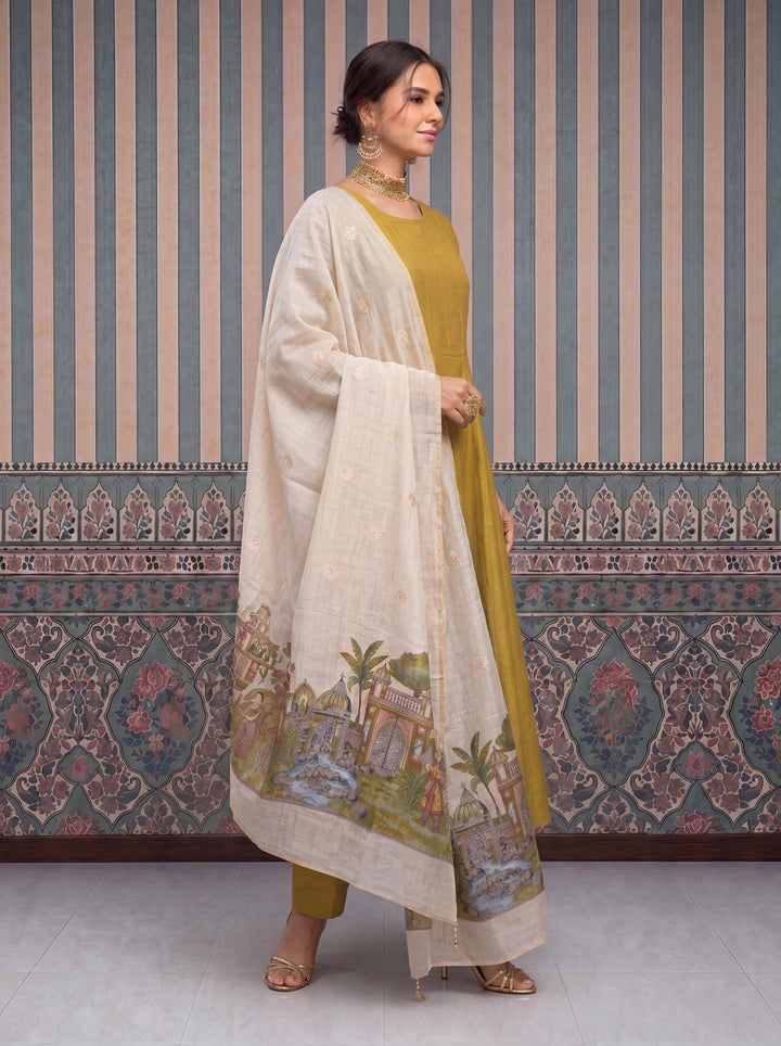 Yellow Mul Chanderi Anarkali Kurta Pant Dupatta Set