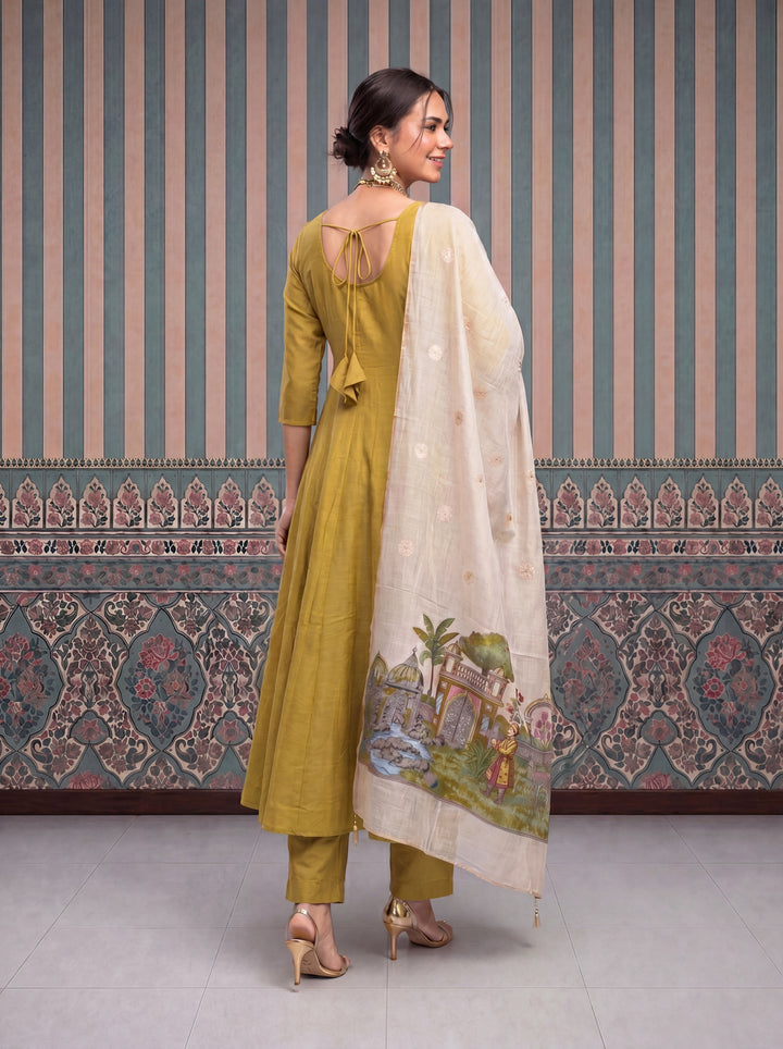 Yellow Mul Chanderi Anarkali Kurta Pant Dupatta Set
