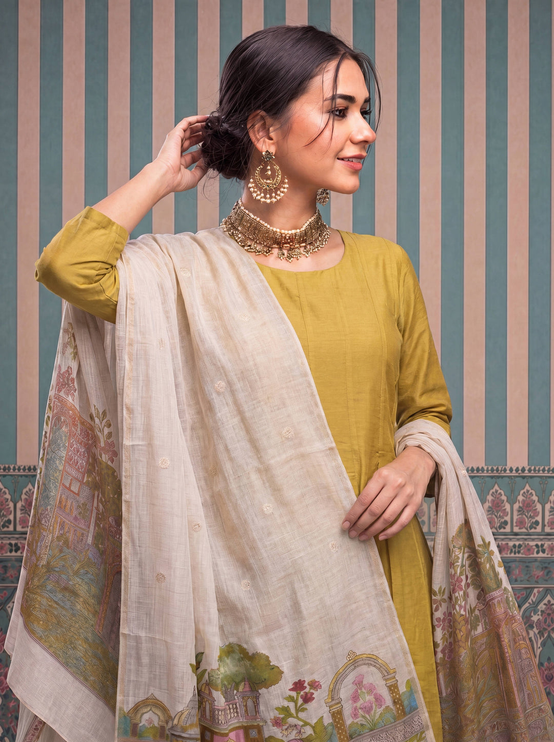 Yellow Mul Chanderi Anarkali Kurta Pant Dupatta Set