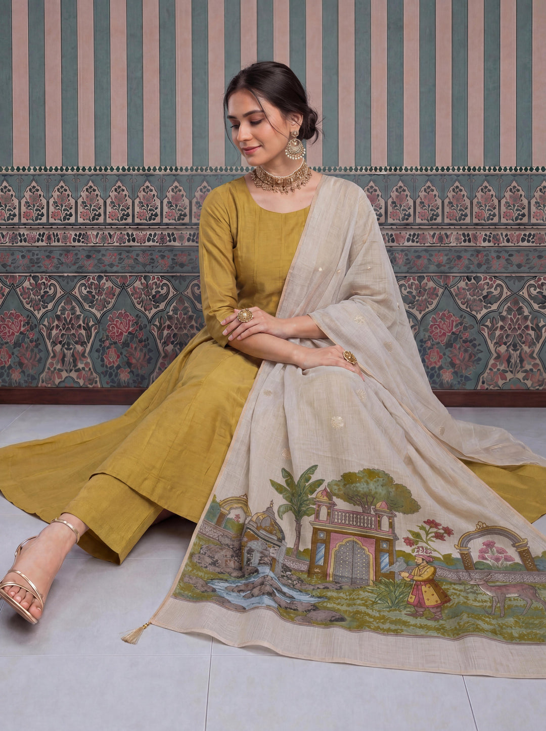 Yellow Mul Chanderi Anarkali Kurta Pant Dupatta Set