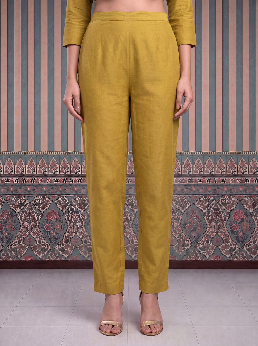 Yellow Mul Chanderi Anarkali Kurta Pant Dupatta Set