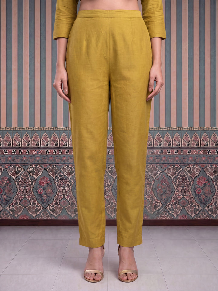 Yellow Mul Chanderi Anarkali Kurta Pant Dupatta Set