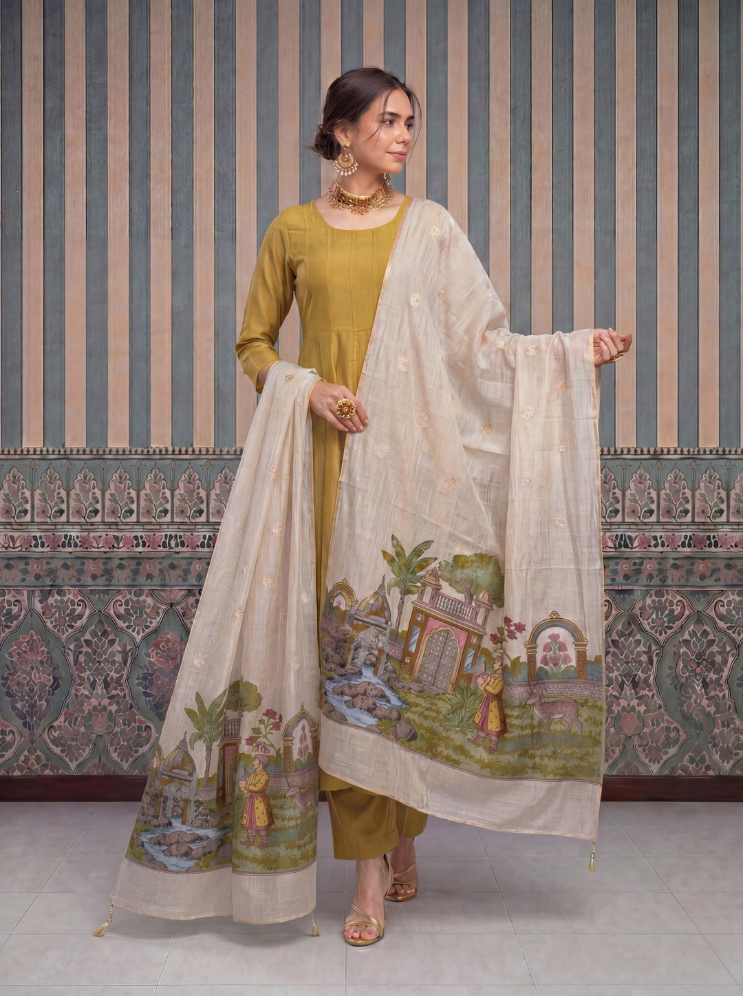 Yellow Mul Chanderi Anarkali Kurta Pant Dupatta Set