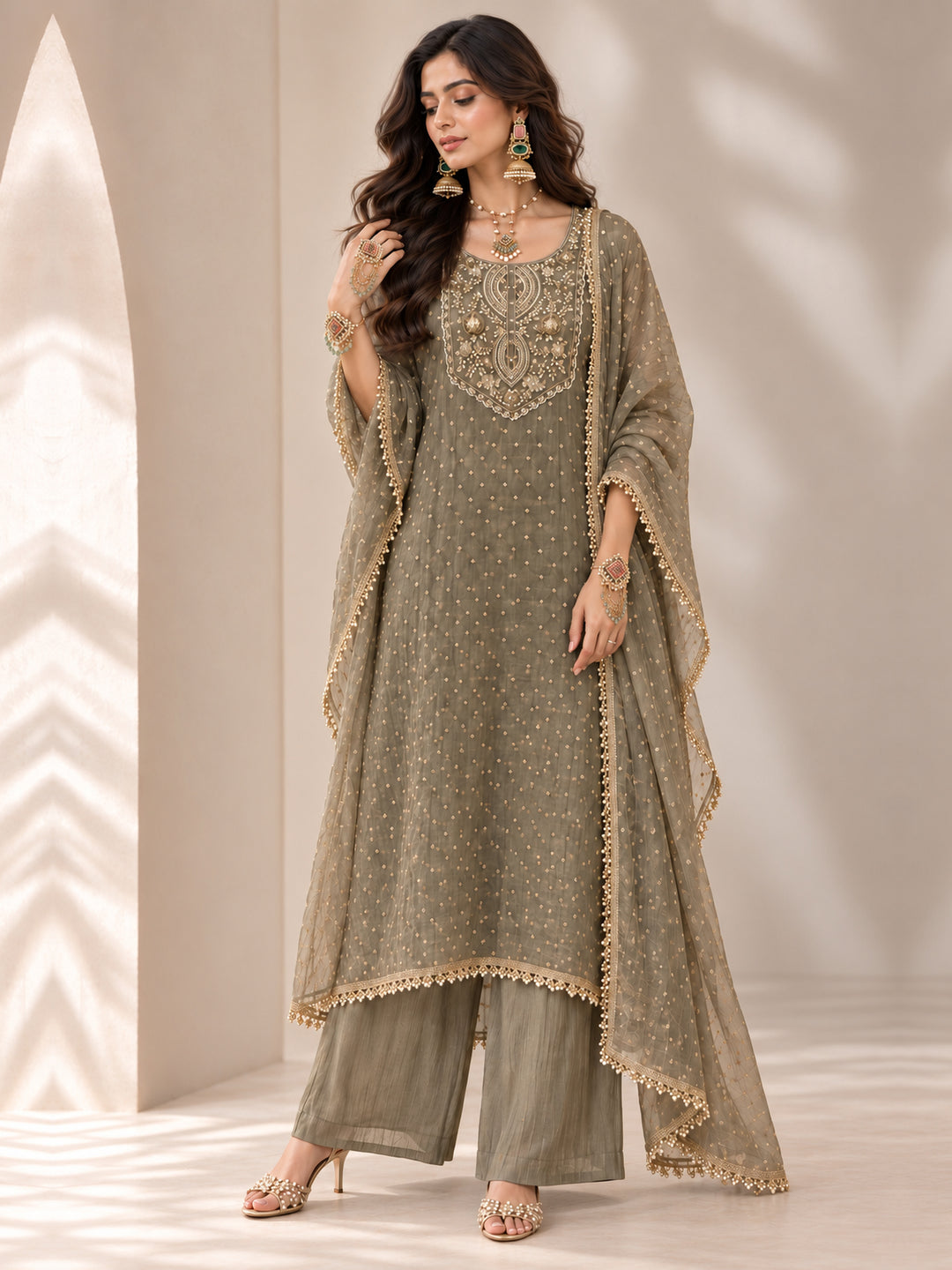 Tissue  Green Kaftan Palazzo Set