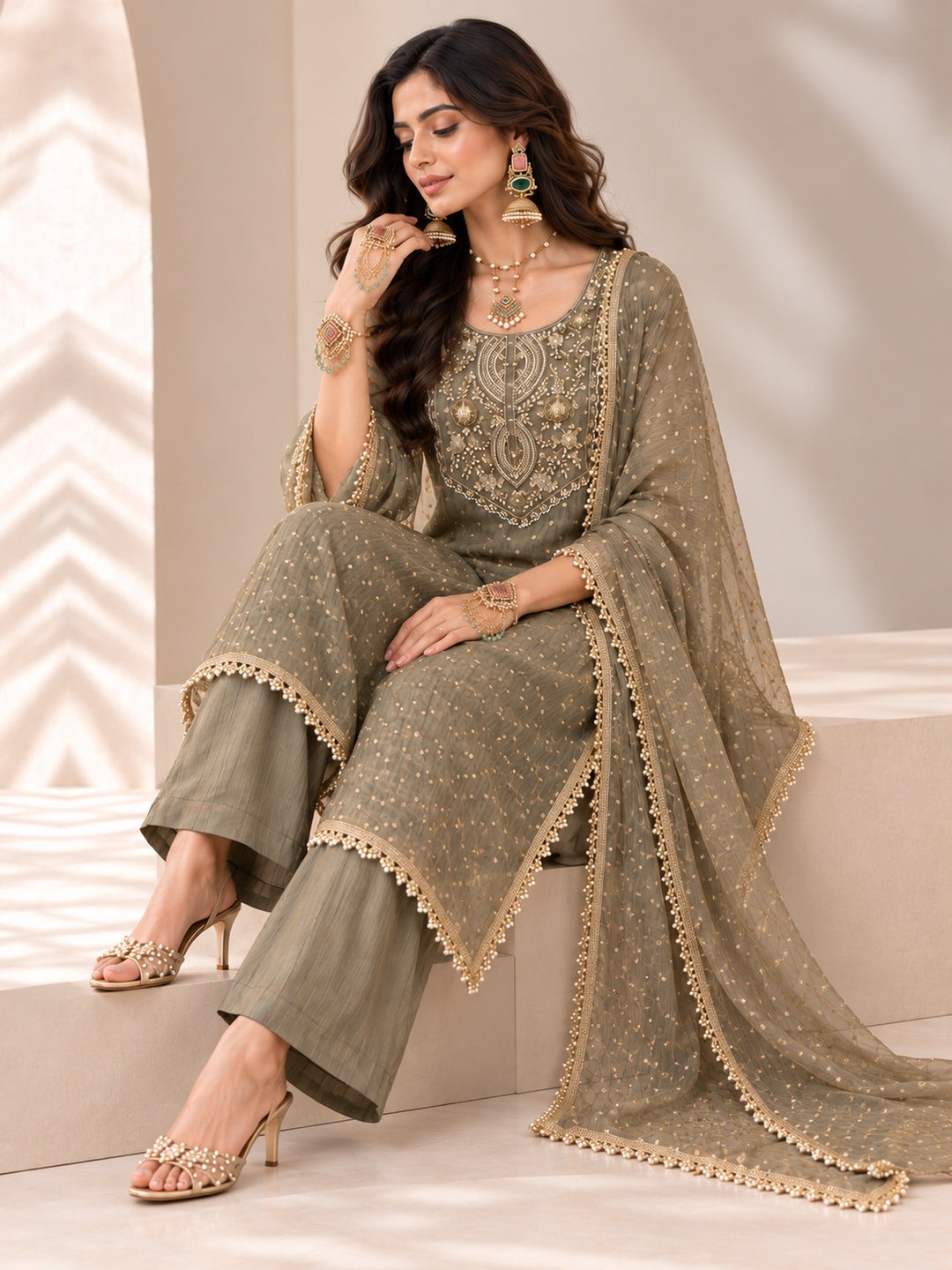 Tissue  Green Kaftan Palazzo Set