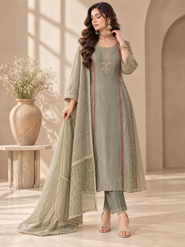 Grey Tissue Kurta Pant Dupatta Set