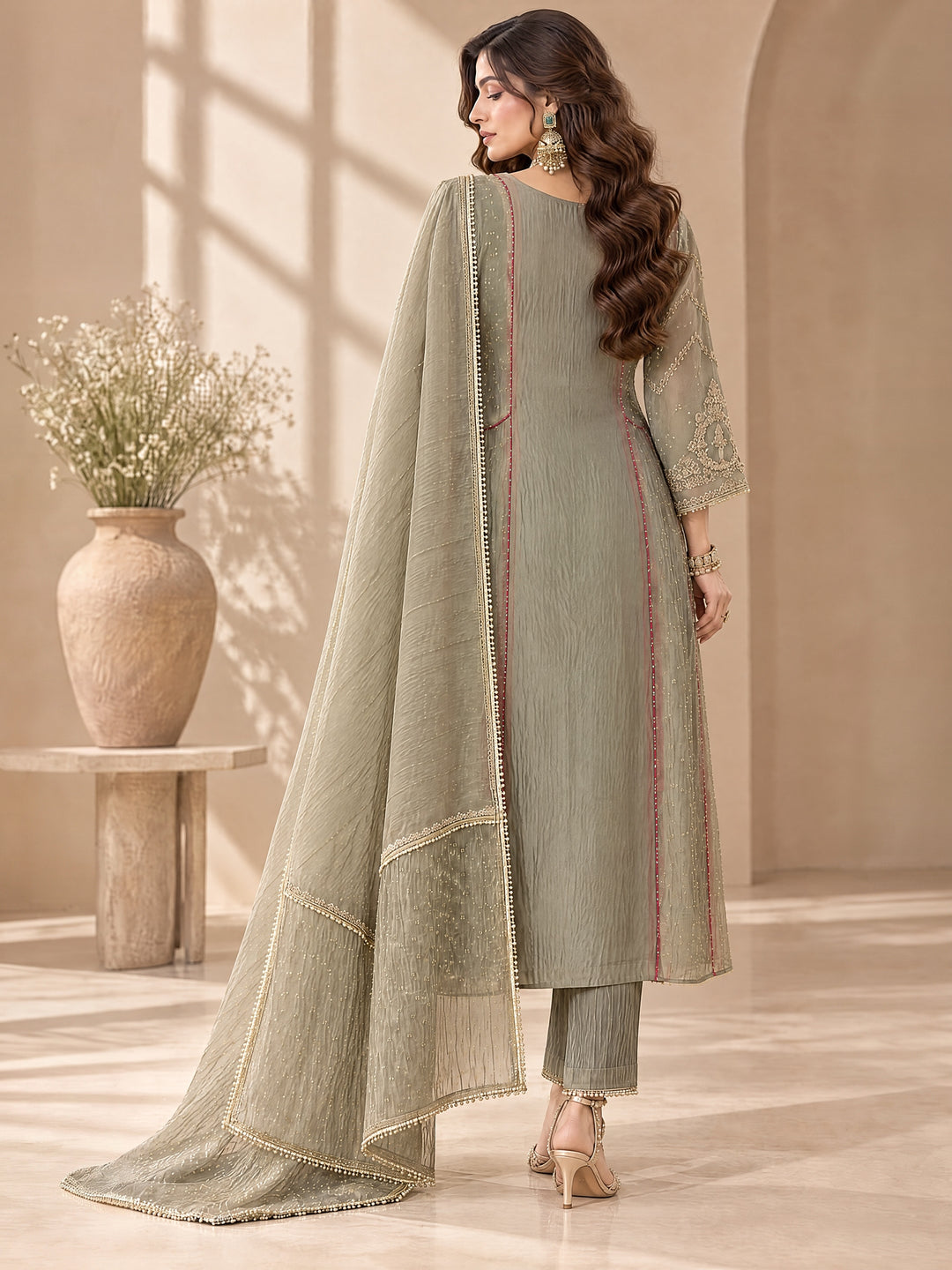 Grey Tissue Kurta Pant Dupatta Set