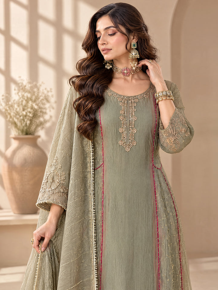 Grey Tissue Kurta Pant Dupatta Set