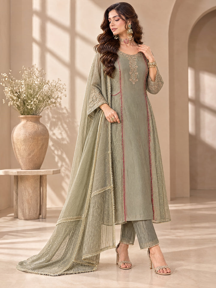 Grey Tissue Kurta Pant Dupatta Set