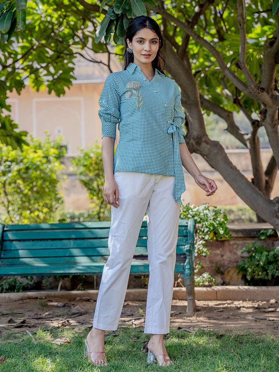 Weaved Sea Green Cotton Checks Printed Top With Embroidery-Yufta Store-1503TOPSGS