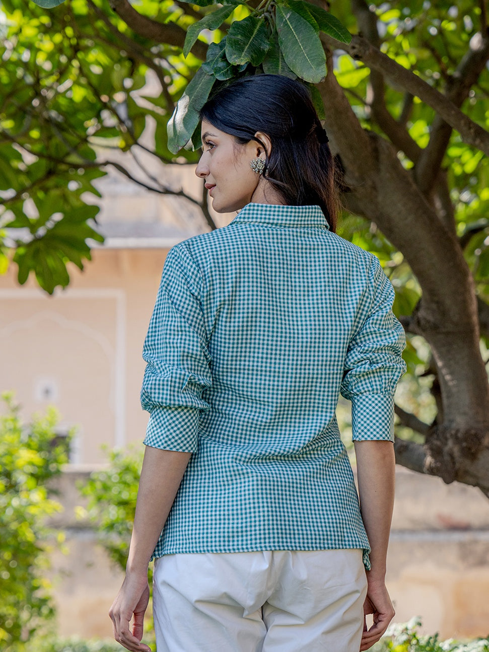 Weaved Sea Green Cotton Checks Printed Top With Embroidery-Yufta Store-1503TOPSGS