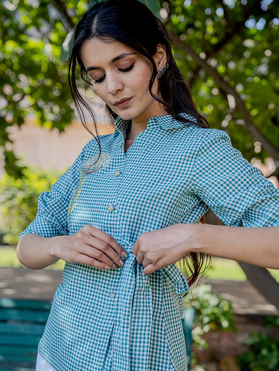 Weaved Sea Green Cotton Checks Printed Top With Embroidery-Yufta Store-1503TOPSGS