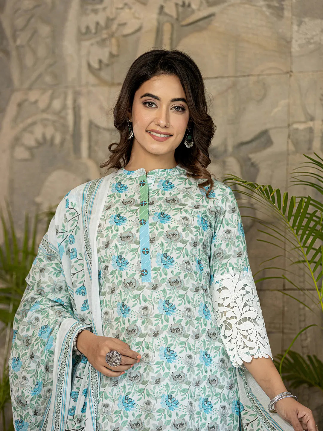 White And Sky Blue Floral Print Pakistani Style Kurta Trouser And Dupatta Set With Lace Work-Yufta Store-6886SKDSBM