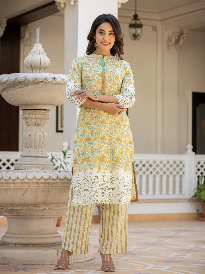 White And Yellow Floral Print Pakistani Style Kurta Trouser And Dupatta Set With Lace Work-Yufta Store-6886SKDYLM