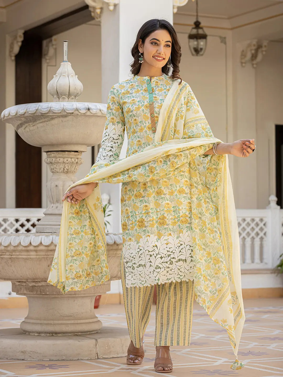 White And Yellow Floral Print Pakistani Style Kurta Trouser And Dupatta Set With Lace Work-Yufta Store-6886SKDYLM