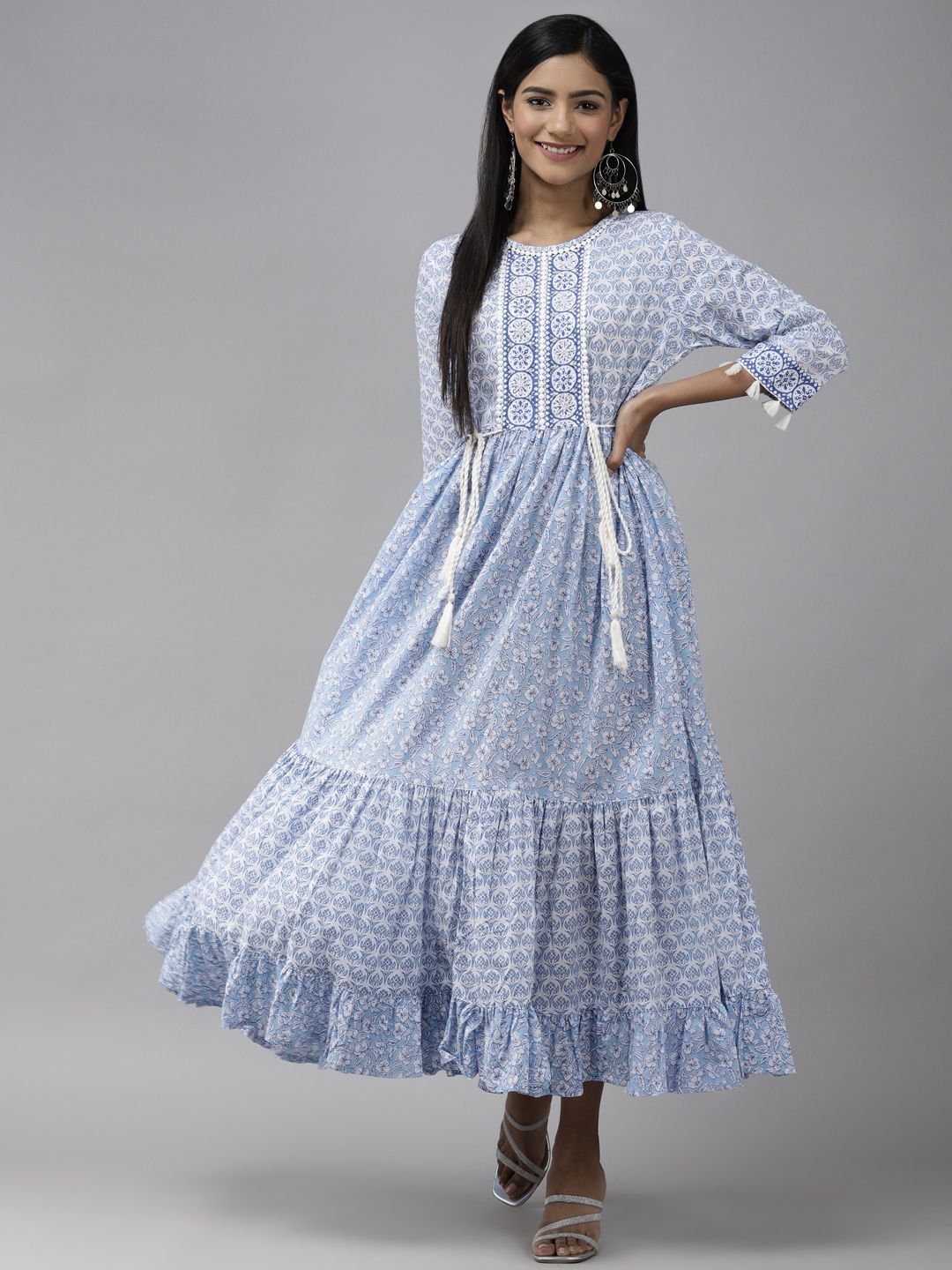 White & Blue Ethnic Dress-Yufta Store-3107DRSBLS