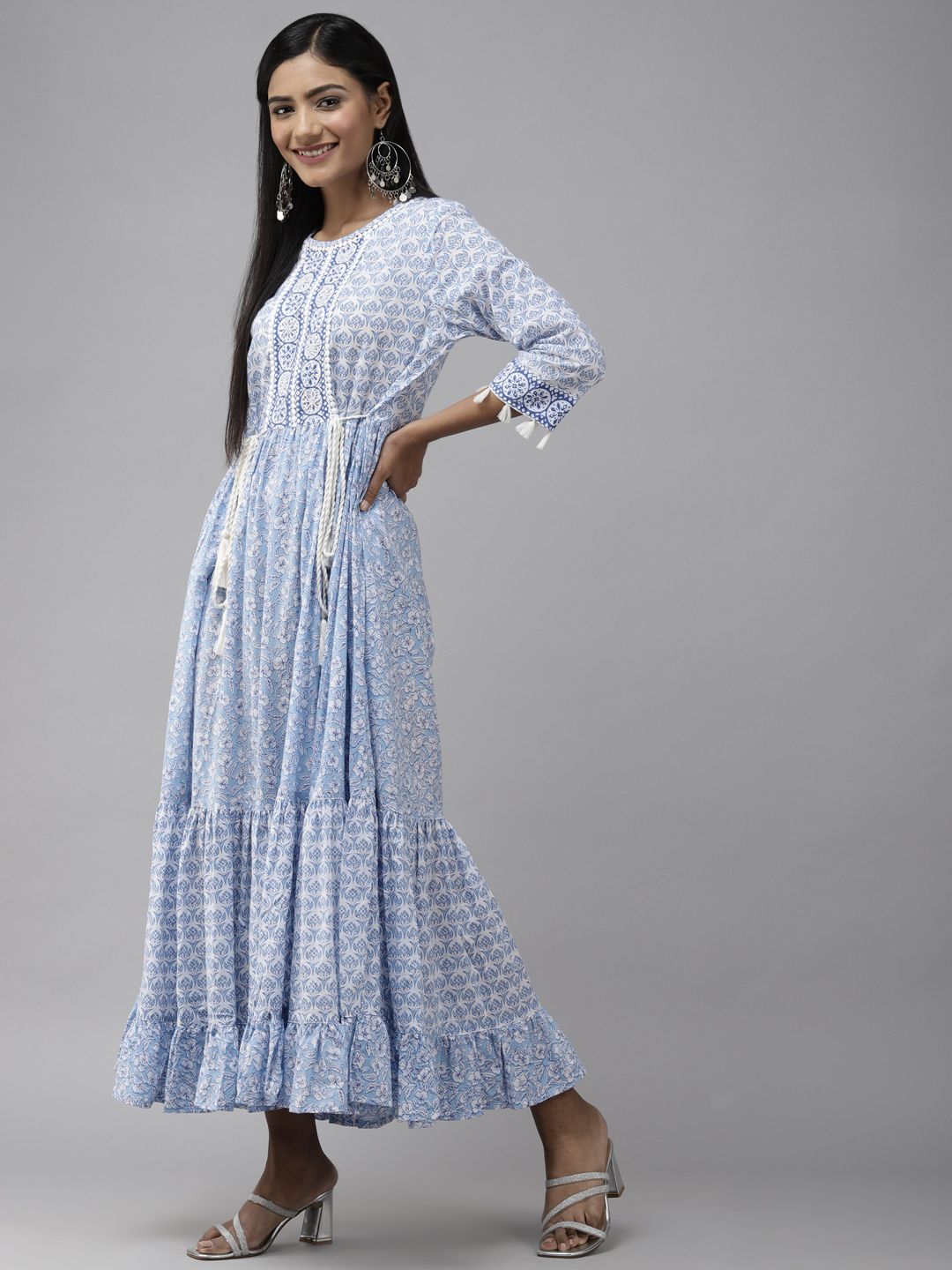 White & Blue Ethnic Dress-Yufta Store-3107DRSBLS