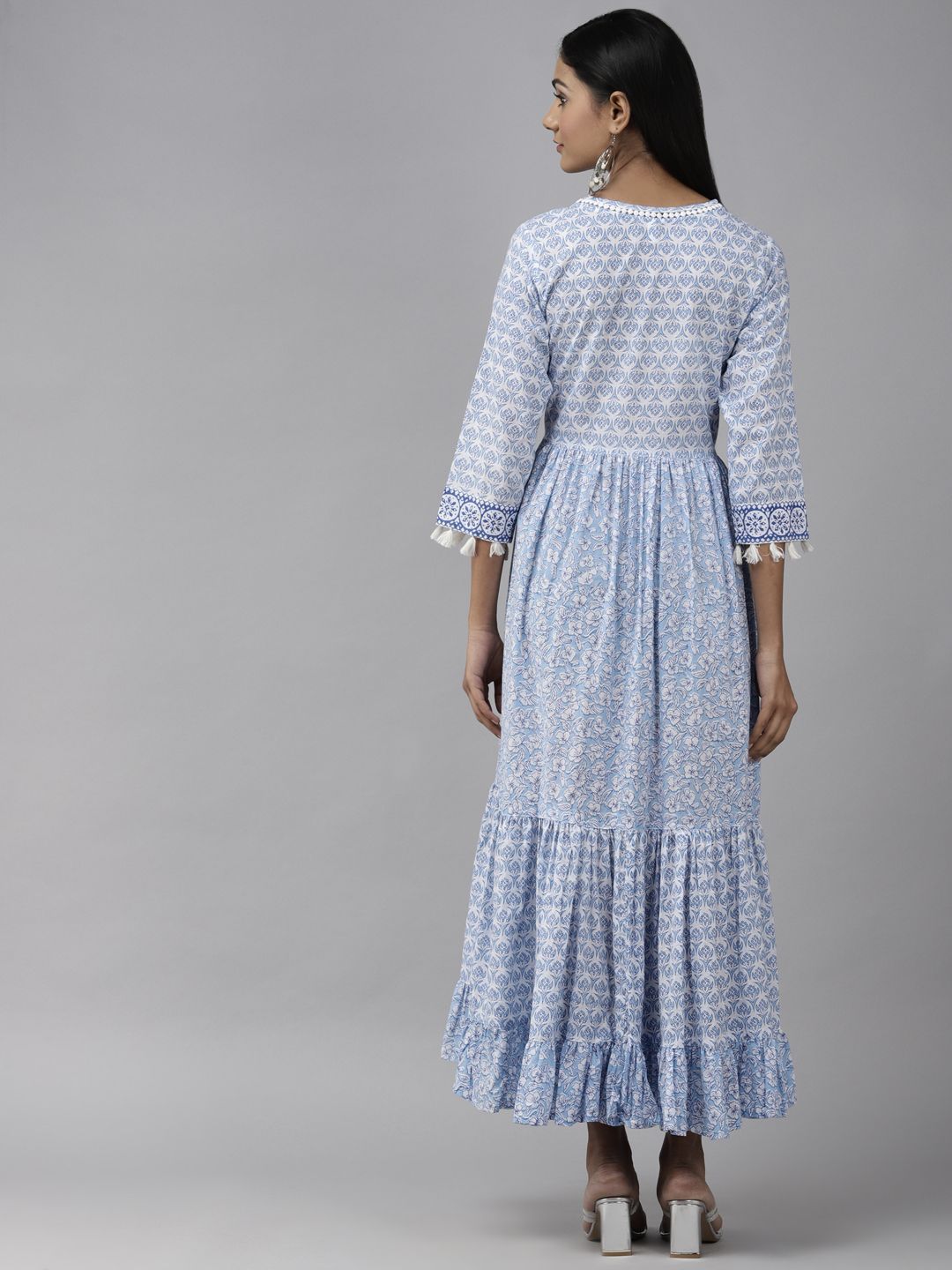 White & Blue Ethnic Dress-Yufta Store-3107DRSBLS