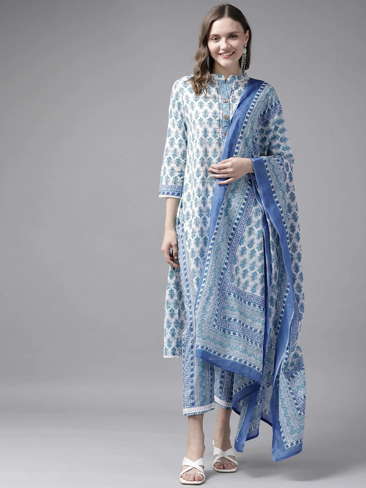 White & Blue Printed Dupatta Set-Yufta Store-9466SKDWHS