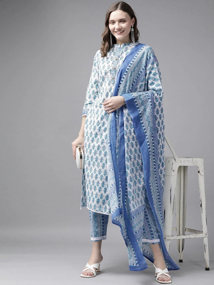 White & Blue Printed Dupatta Set-Yufta Store-9466SKDWHS