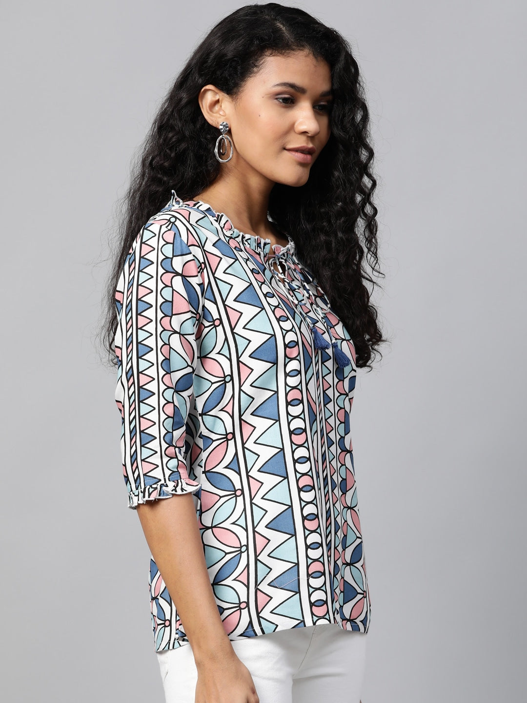 White & Blue Printed Tunic-Yufta Store-7521SETMUXS