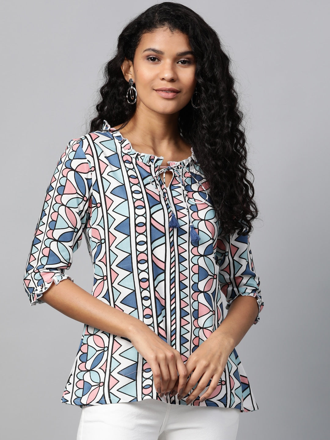 White & Blue Printed Tunic-Yufta Store-7521SETMUXS