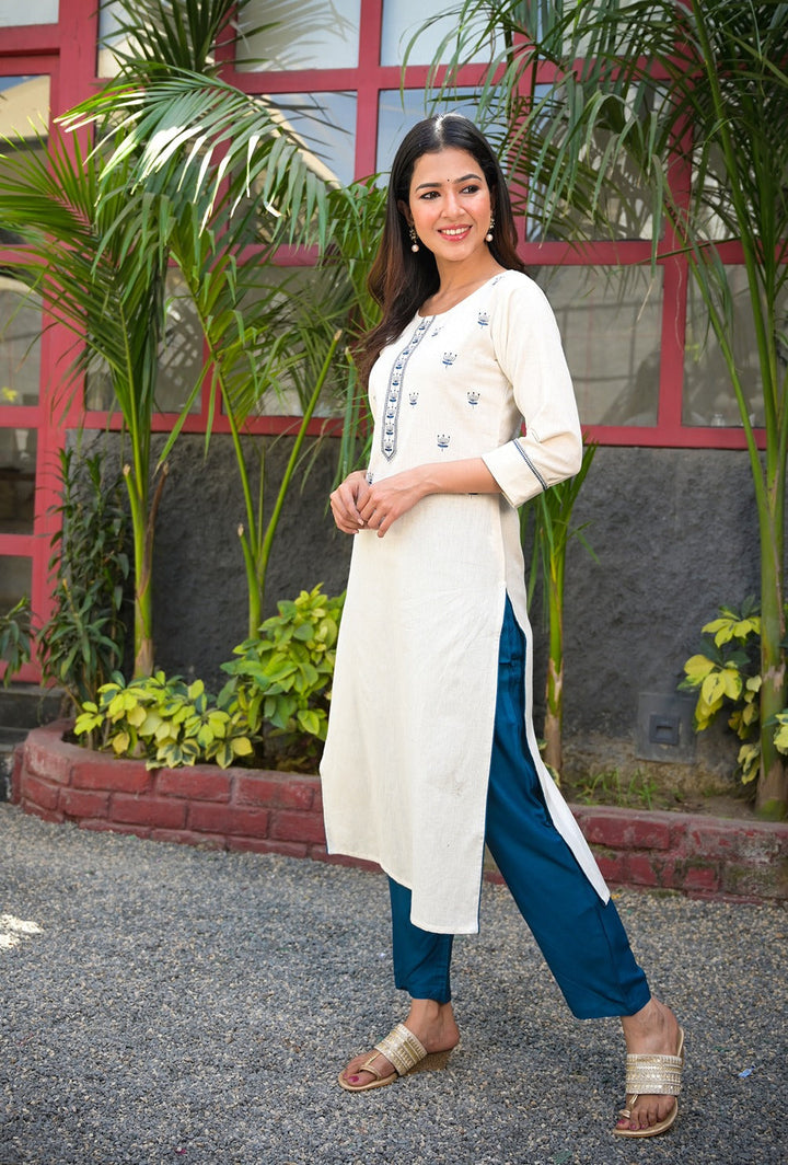 White & Blue Straight Kurta Set-Yufta Store-7784SETWHS