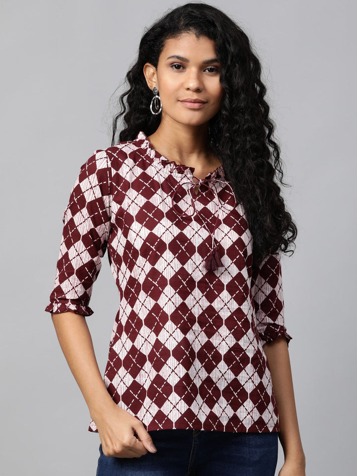 White & Burgundy Printed Tunic-Yufta Store-7520TOPPRXS