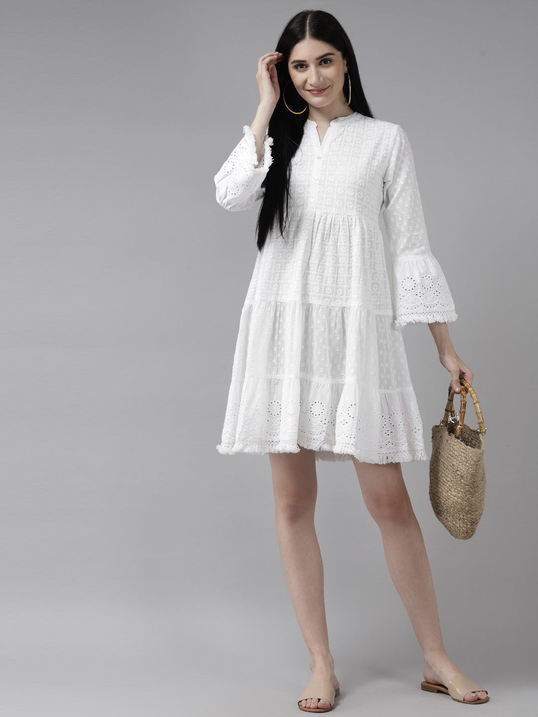 White Cotton A-Line Dress-Yufta Store-9819DRSWHS