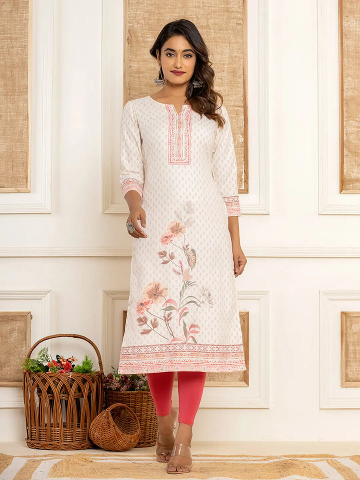 White Cotton A-Line Kurta With Digital Print-Yufta Store-1924KURWHS