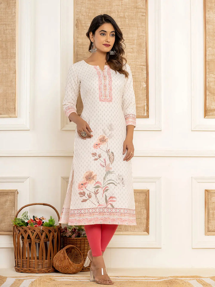 White Cotton A-Line Kurta With Digital Print-Yufta Store-1924KURWHS