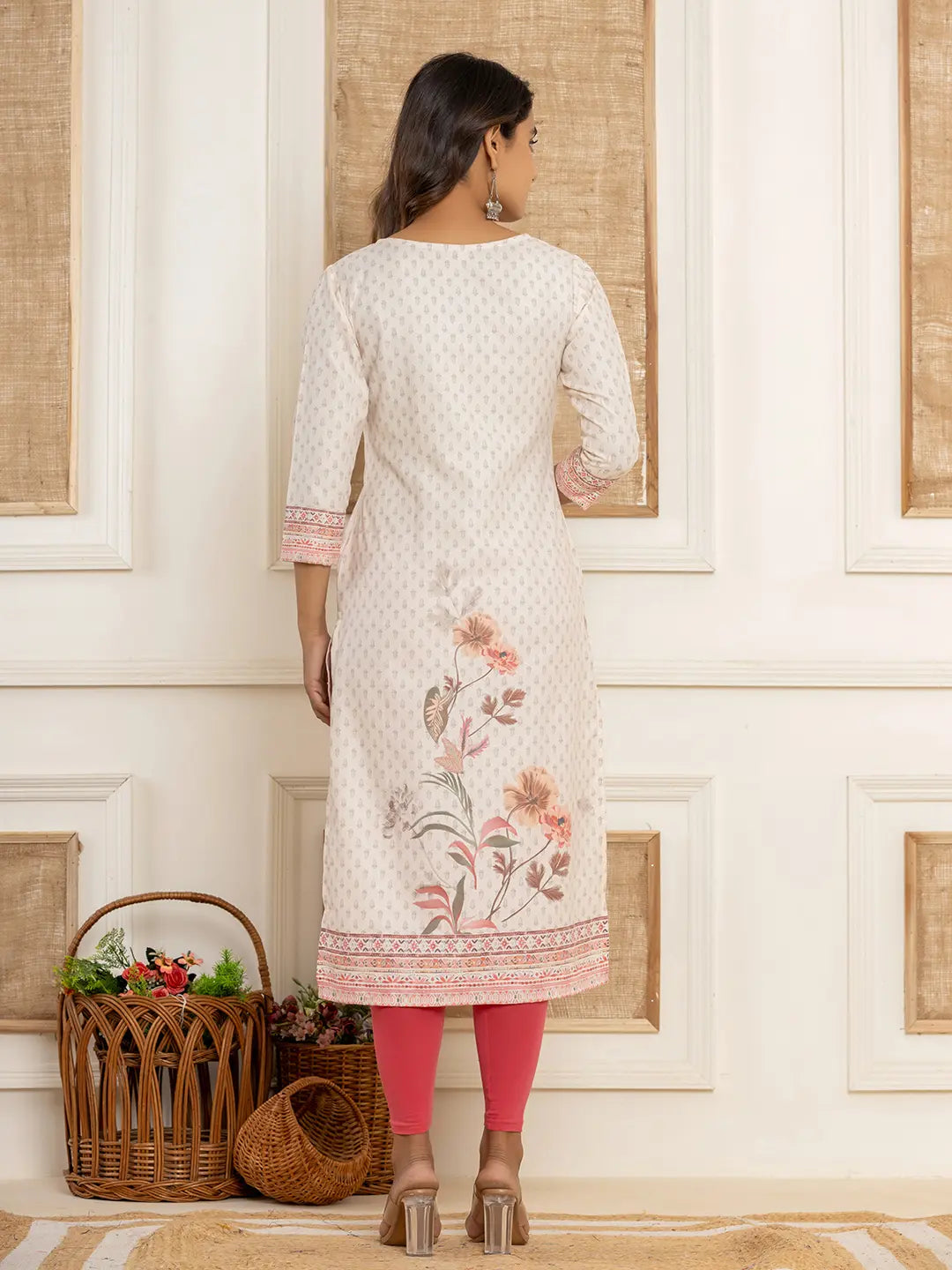 White Cotton A-Line Kurta With Digital Print-Yufta Store-1924KURWHS