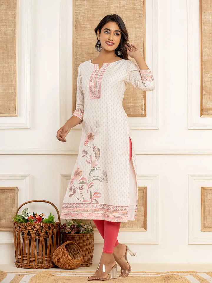 White Cotton A-Line Kurta With Digital Print-Yufta Store-1924KURWHS